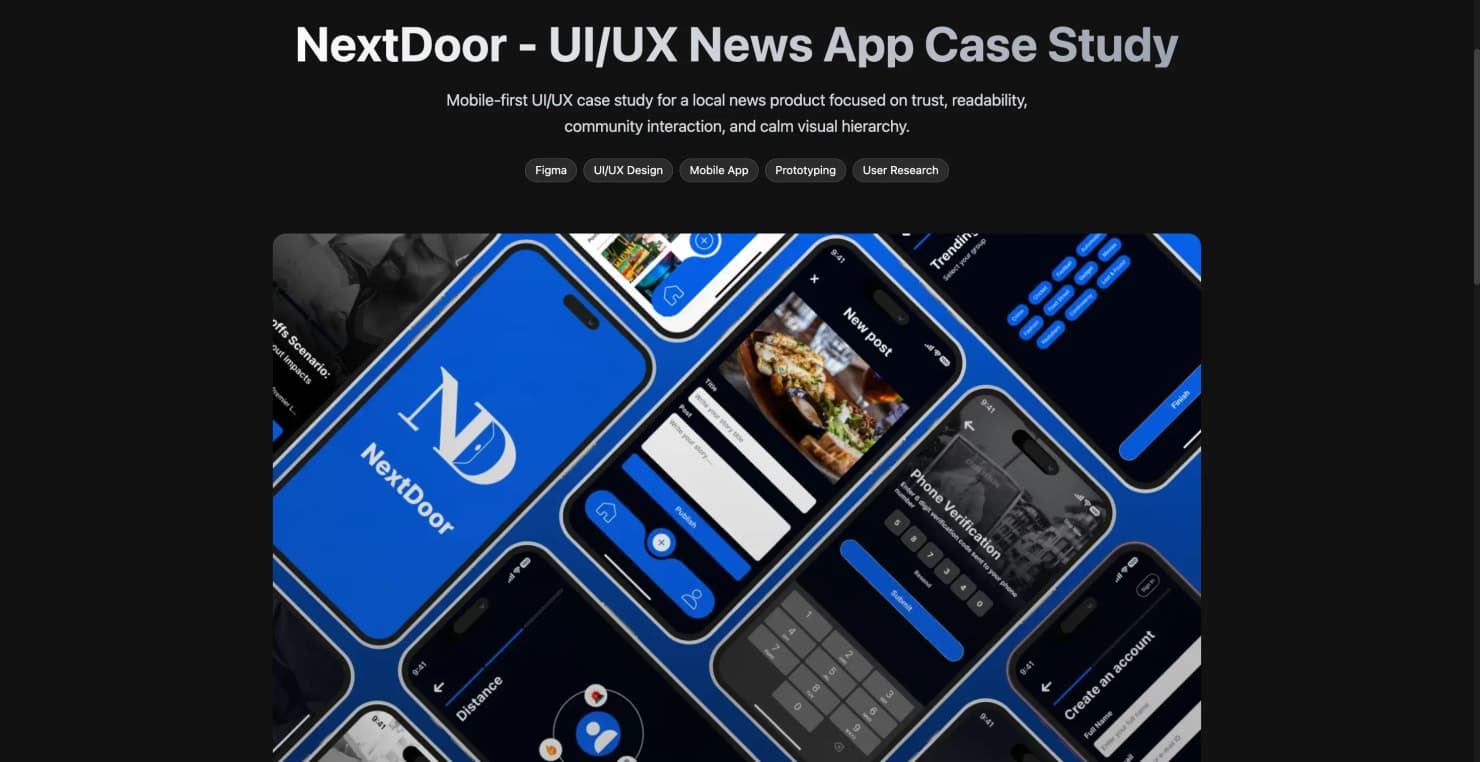 NextDoor local news app screens showing the simplified two-level navigation, a local story card with source-trust indicators, and the community engagement view.